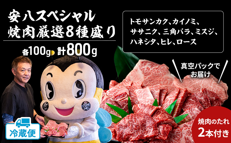 安八スペシャル 焼肉 厳選 8種盛り（トモサンカク、カイノミ、ササニク、三角バラ、ミスジ、ハネシタ、ヒレ、ロース）約800g（各約100g）A4～A5等級使用 肉 牛 牛肉 お肉 国産 和牛 国産牛 BBQ 冷蔵 お取り寄せ 送料無料 焼肉マルイ 岐阜県 安八町