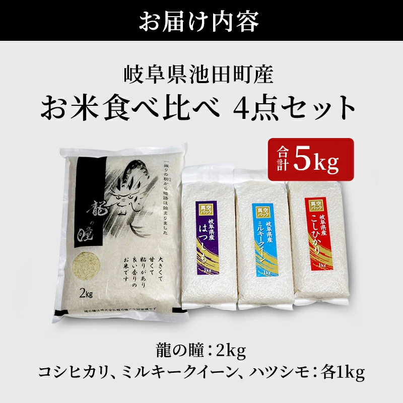 米 5kg 龍の瞳 ハツシモ コシヒカリ ミルキークイーン 4点セット 日本人が最も好む希少米 大粒 栄養価の高い 8分づき セット 池田町産 分つき精米 お米 おこめ こめ コメ ごはん ご飯 有機肥料 減農薬栽培 こしひかり 岐阜県