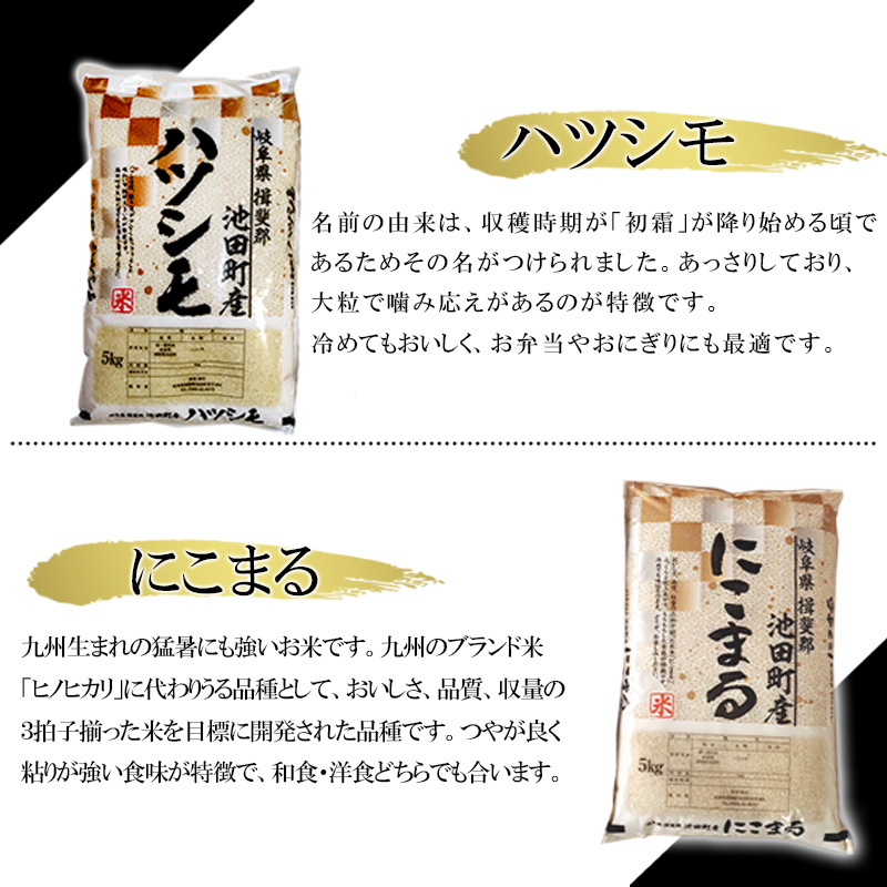 米 10kg (各5kg) ハツシモ にこまる 池田町産 8分づき 分つき精米 お米 おこめ こめ コメ ごはん ご飯 有機肥料 減農薬栽培 はつしも ニコマル 岐阜県