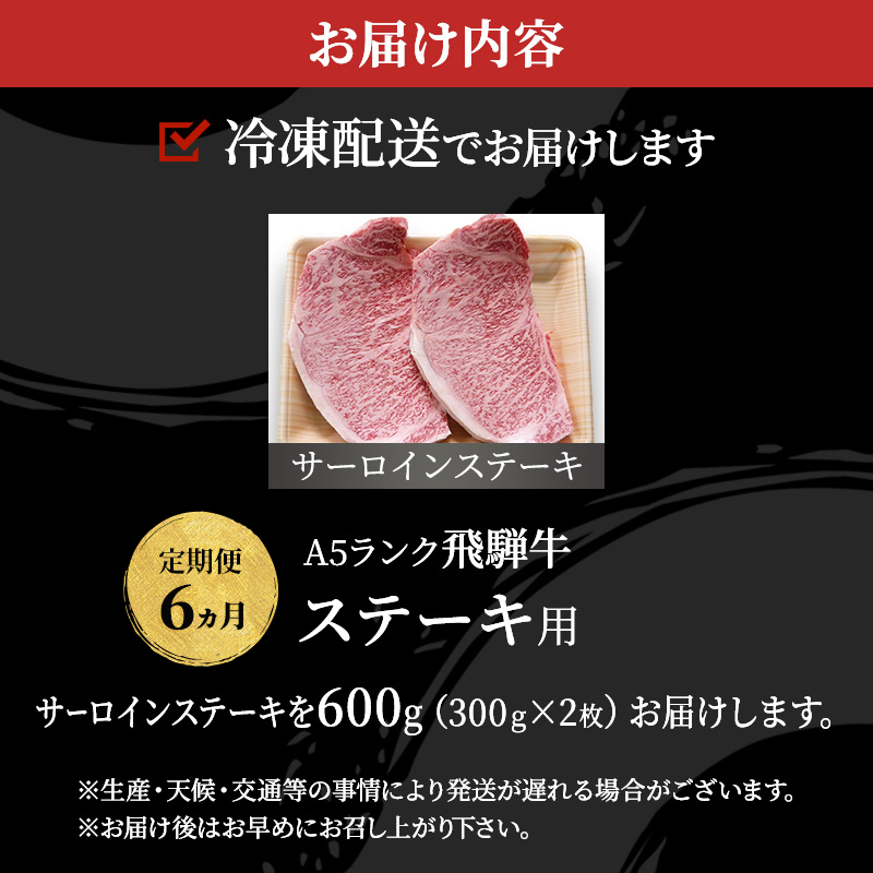 【定期便6ヶ月】牛肉 飛騨牛 サーロイン ステーキ セット 600g （ 1枚 約300g × 2枚 ） 黒毛和牛 Ａ5 美味しい お肉 牛 肉 和牛 サーロインステーキ 【岐阜県池田町】