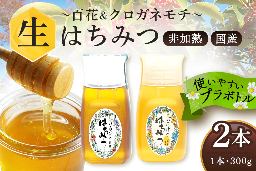 使いやすいプラ容器入り 非加熱生はちみつ 百花 クロガネモチ 各300g 計2本 純粋生はちみつ 食べ比べ