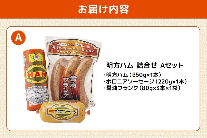 明方ハム 詰合せ Ａセット 明方ハム ボロニアソーセージ 醤油フランク 特産品 加工品 農協