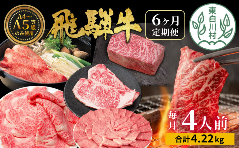 飛騨牛 定期便 全6回 約4.22kg 4人前 すき焼き しゃぶしゃぶ ステーキ 焼肉 BBQ ロース カタロース ロースステーキ モモ カタ 贅沢 贈り物 6ヶ月 定期 おすすめ 選べる 人気 飛騨 ブランド牛 肉のひぐち