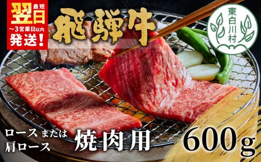 【最短発送】 飛騨牛 ロースまたは肩ロース 焼肉用 600g 牛肉 和牛 肉 焼肉 BBQ ロース カタロース 肩ロース 東白川村 岐阜 贅沢 霜降り 養老ミート