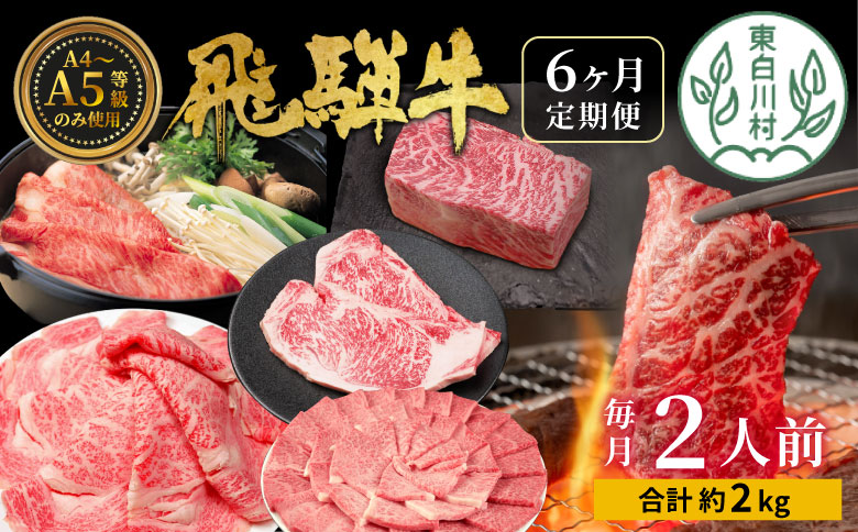 飛騨牛 定期便 全6回 約2kg 2人前 すき焼き しゃぶしゃぶ ステーキ 焼肉 BBQ ロース カタロース ロースステーキ モモ カタ 贅沢 贈り物 6ヶ月 定期 おすすめ 選べる 人気 飛騨 ブランド牛 肉のひぐち