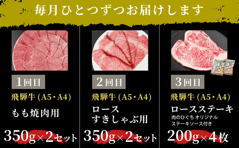 飛騨牛 定期便 全3回 計2.2kg 4人前 すき焼き しゃぶしゃぶ ステーキ 焼肉 BBQ ロース カタロース ロースステーキ モモ カタ 贅沢 贈り物 3ヶ月 定期 おすすめ 選べる 人気 飛騨 ブランド牛 肉のひぐち