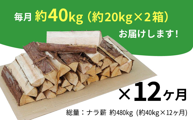 【12ヶ月定期便】なら薪 中〜大割 約40kg ( 約20kg×2箱 ) 計480kg 12回 12ヶ月  中割 大割 薪ストーブ アウトドア キャンプ 焚火 暖炉 楢 ナラ 薪 まき 雑貨 日用品 定期便 定期 選べる 1年定期 発送月 毎月届く 森林 木 木材 東白川村