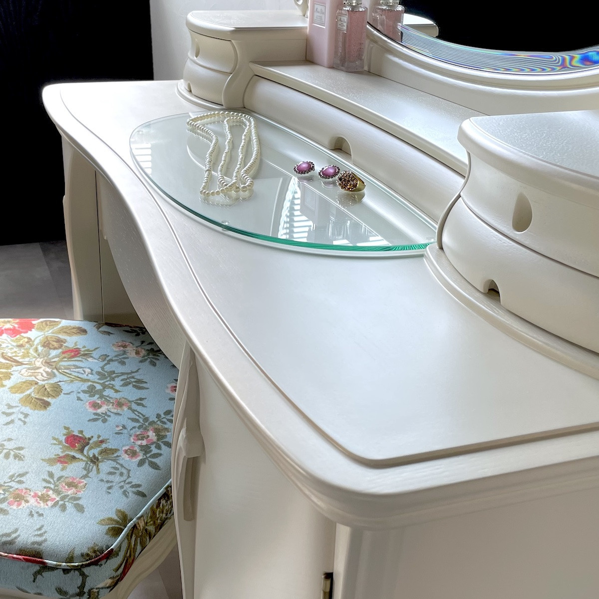 松永工房 Continue ドレッサー アロール半三 オフィシャル限定品 ホワイトカラー クラシック エレガント インテリア アンティーク調家具 木製 鏡台 ミラー ねこ脚 ヘアメイク メイク コスメ アクセサリー 収納 カンティーニュ【配送不可：沖縄・離島】