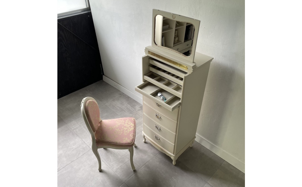 松永工房 Continue ジュエリーチェスト ホワイトカラー クラシック エレガント アンティーク調家具 木製 アクセサリー 宝石 時計 眼鏡 収納 ミラー ねこ脚 ホワイトインテリア ロココ調 カンティーニュ【配送不可：沖縄・離島】