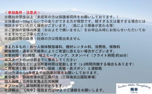 【飛亭】モーターパラグライダー タンデム フライト 体験 30分コース（1名様分）アクティビティー 絶景 静岡市