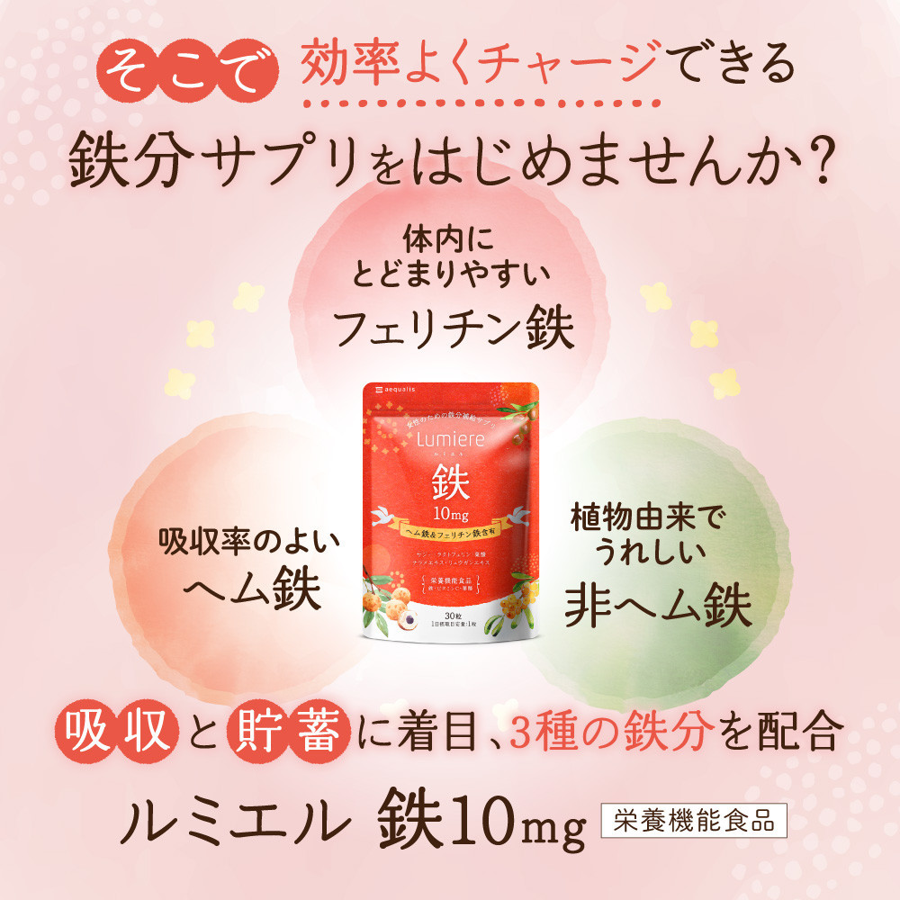 鉄分 サプリ ルミエル 鉄 10mg フェリチン鉄 ヘム鉄 葉酸 栄養機能食品 30粒入り 30日分