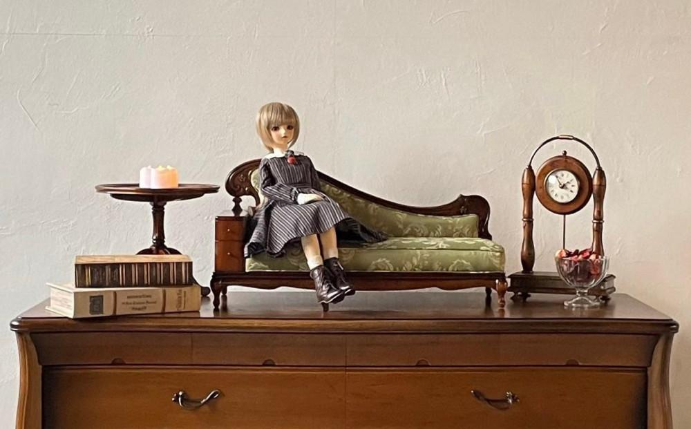 【ブラック（本体）×グリーン（クッション）】松永工房 Petit. Continue プティ・カウチ ミニチュア家具 1／3家具 ドール家具 ドール 40～60センチ対応 インテリア アンティーク（本体）家具 木製 カウチソファ ねこ脚 プティ・ドゥ・カンティーニュ