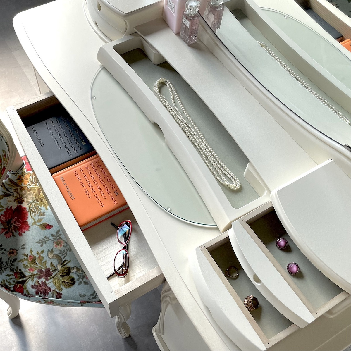 松永工房 Continue ドレッサー アロール半三 オフィシャル限定品 ホワイトカラー クラシック エレガント インテリア アンティーク調家具 木製 鏡台 ミラー ねこ脚 ヘアメイク メイク コスメ アクセサリー 収納 カンティーニュ【配送不可：沖縄・離島】