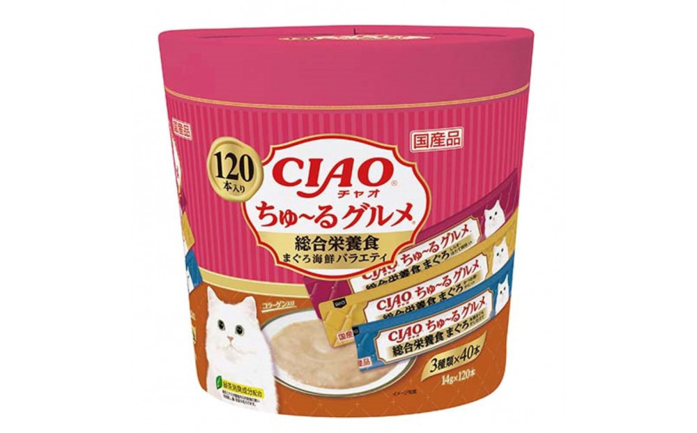 いなば　CIAO猫ちゅ～るグルメ　総合栄養食　まぐろ海鮮バラエティ480本（14ｇｘ120本ｘ4袋入）（ケース）