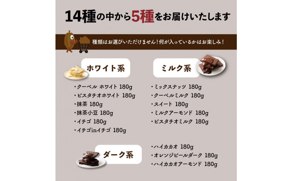 割れチョコ１４種類から５袋が届くお楽しみ福袋(内容ランダム・180g×5袋)