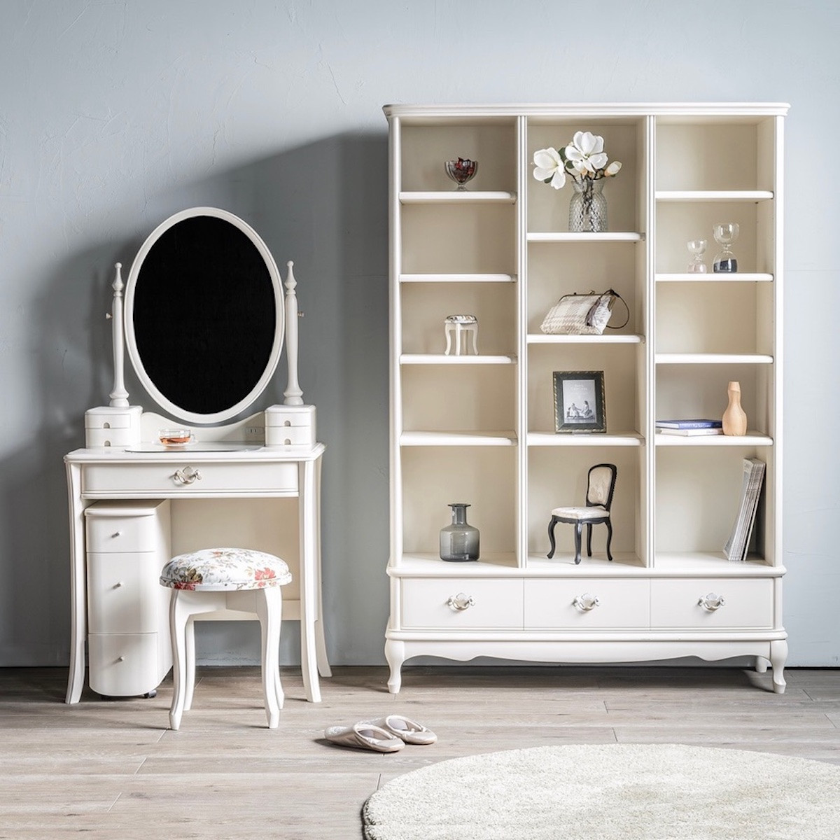 松永工房 Continue ドレッサー アルバ オフィシャル限定品 ホワイトカラー クラシック エレガント インテリア アンティーク調家具 木製 鏡台 ミラー ねこ脚 ヘアメイク メイク コスメ アクセサリー 収納 カンティーニュ【配送不可：沖縄・離島】