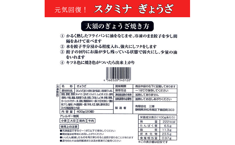 【定期便3回】浜松餃子 大須のぎょうざ［ 浜松ぎょうざ にんにくマシマシ！元気回復！＜ スタミナ味 ＞］× 5袋（1袋20個入、合計100個）