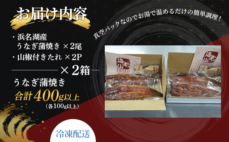 国産うなぎ 浜名湖産 蒲焼き 2箱 (100g×2本入×2箱) 山椒 たれ セット 詰め合わせ 海老仙 国産ウナギ 国産 うなぎ ウナギ 鰻 うなぎの蒲焼 鰻の蒲焼き 小分け おすすめ 贈答用 土用の丑の日 静岡 静岡県 浜松市