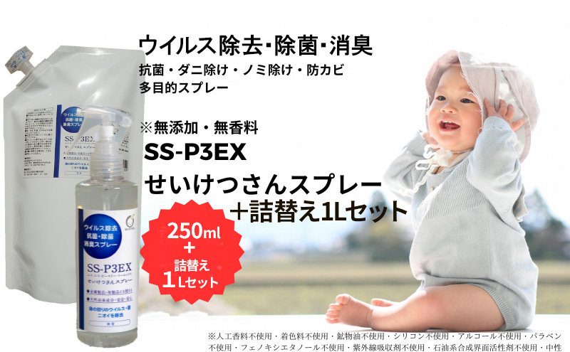 抗菌消臭剤 SS-P3EXせいけつさんスプレー 250ml+詰替え1Lセット ノンアルコール 除菌 消臭 防ダニ 防ノミ 防カビスプレー 静岡 浜松市