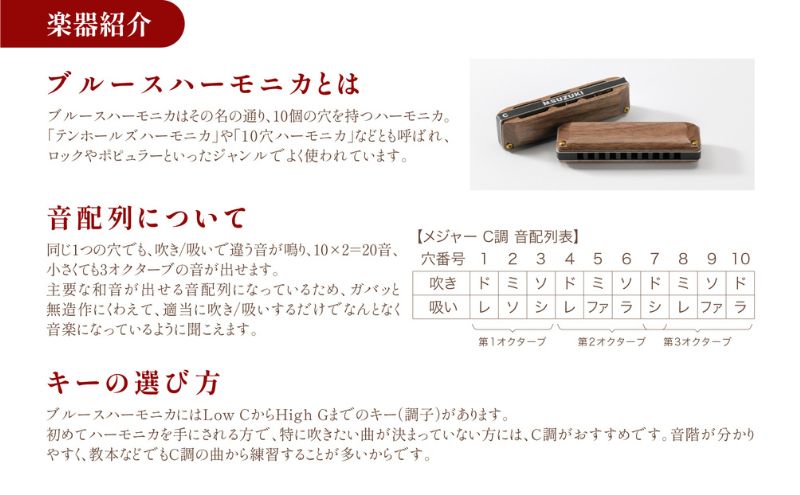 【ブルースハーモニカ MANJI 木製カバーモデル M-20W (C調) 楽器 木製カバー ウォルナット 力強い まろやか 独自の存在感 艶 ダイナミック ブルース ロック 木製楽器 音楽 静岡 浜松市