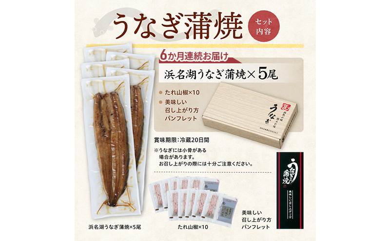 【6か月定期便】浜名湖産うなぎ蒲焼　約140g×5尾入り　計6回 うなぎ ウナギ 鰻 ブランドうなぎ 蒲焼 浜名湖 とろける ふっくら 香ばしい 旨味 肉厚 自家製たれ 二度焼き 静岡 浜松市