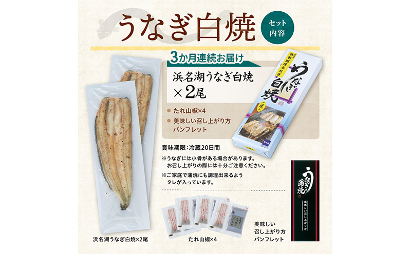 【3か月定期便】浜名湖産 うなぎ白焼　約140g×2尾入り　計3回 うなぎ ウナギ 鰻 ブランドうなぎ 白焼 浜名湖 とろける ふっくら 香ばしい 旨味 肉厚 静岡 浜松市