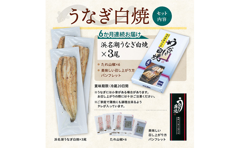 【6か月定期便】浜名湖産 うなぎ白焼　約140g×3尾入り　計6回 うなぎ ウナギ 鰻 ブランドうなぎ 白焼 浜名湖 とろける ふっくら 香ばしい 旨味 肉厚 静岡 浜松市