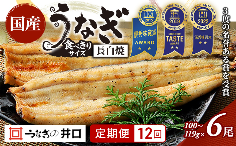 【定期便12回】国産うなぎ長白焼（100～119g）6尾セット ITI優秀味覚賞受賞 たれ・山椒・お吸物付き ウナギ 鰻 静岡 浜松市 【配送不可：離島】