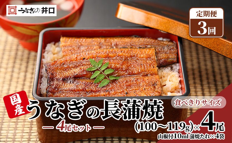 【定期便３回】国産うなぎ長蒲焼（100～119g）4尾セット ITI優秀味覚賞受賞 たれ・山椒付き ウナギ 鰻 静岡 浜松市 【配送不可：離島】