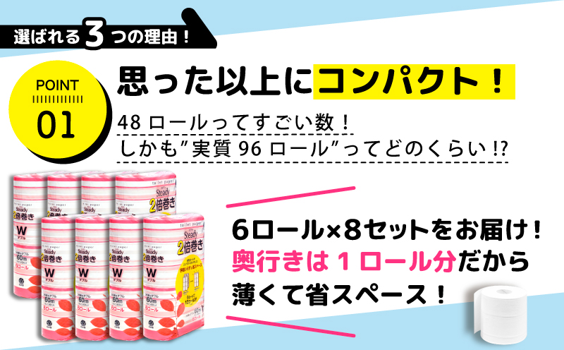 【2026年6月発送】 トイレットペーパー ダブル 2倍巻き 6ロール×8パック 計48ロール 96ロール相当 無香料 備蓄 防災 沼津 鶴見製紙 再生紙 やわらか