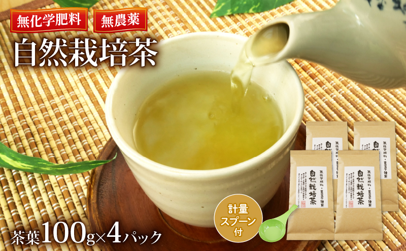 自然栽培茶 無化学肥料 無農薬 100g 4パック 計 400g 静岡茶 緑茶 茶葉 日本茶 計量スプーン付き