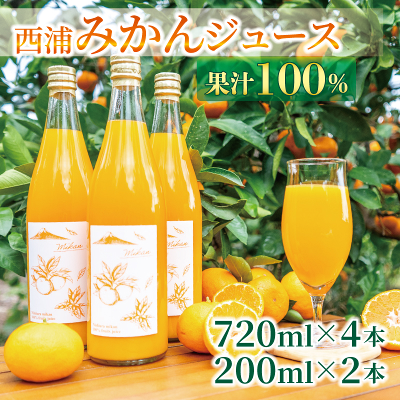 果汁100％ みかんジュース 720ml×4本 200ml×2本 西浦
