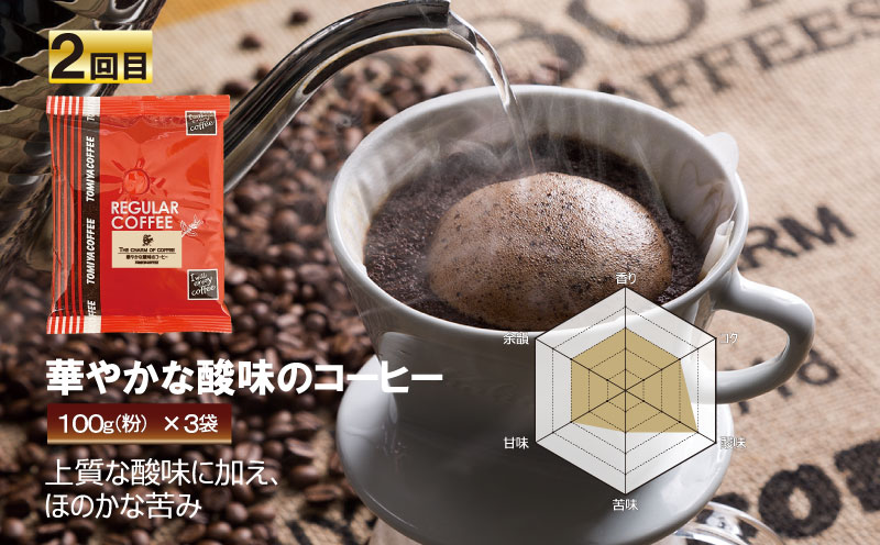 【 5ヶ月定期便 】 定期便 ！ おいしい コーヒー を飲もう 各月 100 g × 3 袋 ( 粉 ) を お届け 計 1.5 kg コーヒー ポスト投函 静岡県 沼津市