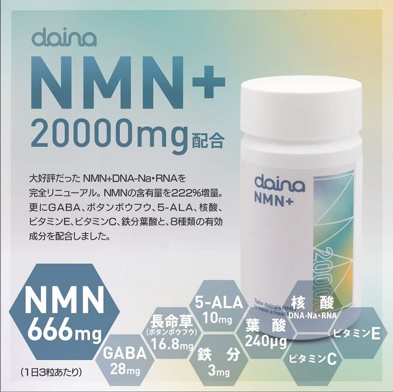 0030-105-01 NMN サプリメント 20000mg 日本製 国内製造 GABA ボタンボウフウ 5-ALA 核酸 ビタミンE ビタミンC クエン酸 鉄 Na 葉酸 daina NMN+ 90粒 30日