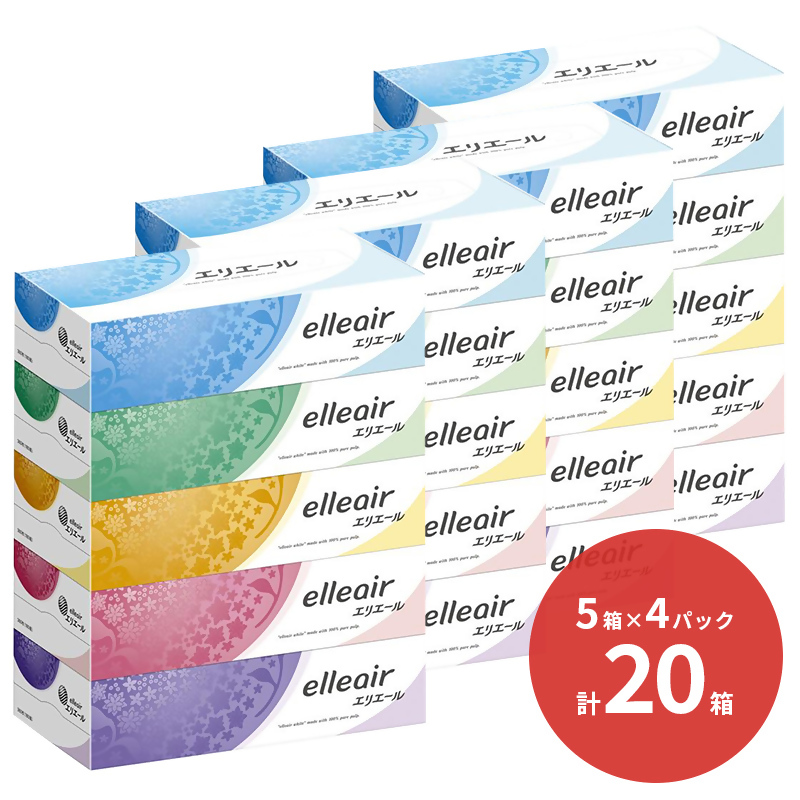0012-10-04 エリエール ティシュー 180組×5箱×4パック (20箱)　ティッシュ ティッシュペーパー ボックスティッシュ パルプ100% 日用品 消耗品