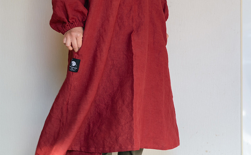 wappougi 麻ワンピース　割烹着　赤（サイズ：フリー） ファッション 女性 レディース 普段着 家仕事 作業着 洗濯可 