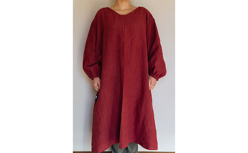 wappougi 麻ワンピース　割烹着　赤（サイズ：フリー） ファッション 女性 レディース 普段着 家仕事 作業着 洗濯可 