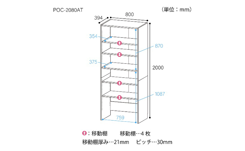 高さ2m壁面フリーラック　幅80cmホワイト