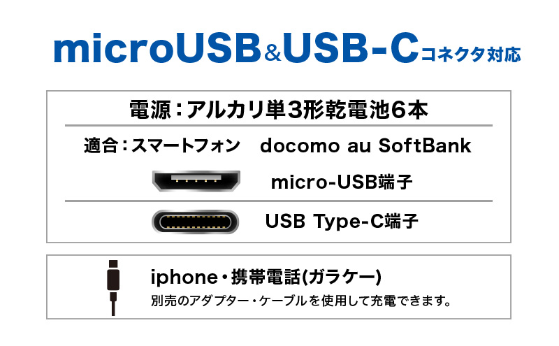 TOPLAND トップランド 電池交換充電器 乾電池 大容量 Wコネクタ microUSBケーブル付属 Type-C変換アダプタ CHSPBT6WC-WT