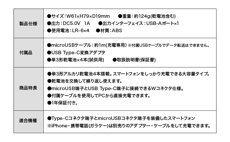 TOPLAND トップランド 電池交換充電器 乾電池 Wコネクタ microUSBケーブル付属 Type-C変換アダプタ CHSPBT4WC-WT