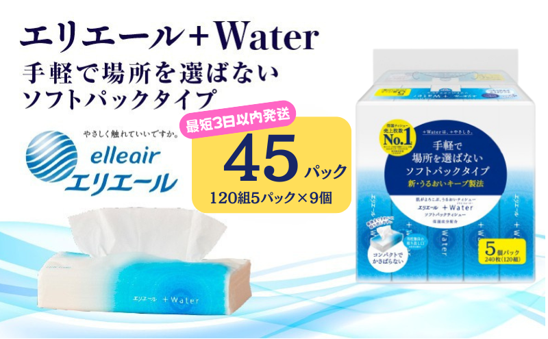 【最短3日以内発送】ティッシュ エリエール +Water プラスウォーター ソフトパック 120組 5パック 9個 ティシュー ティッシュペーパー 紙製品 静岡県 島田市
