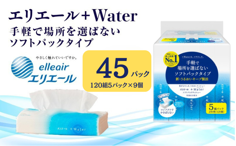 ティッシュ エリエール +Water プラスウォーター ソフトパック 120組 5パック 9個 ティシュー ティッシュペーパー 紙製品 静岡県 島田市