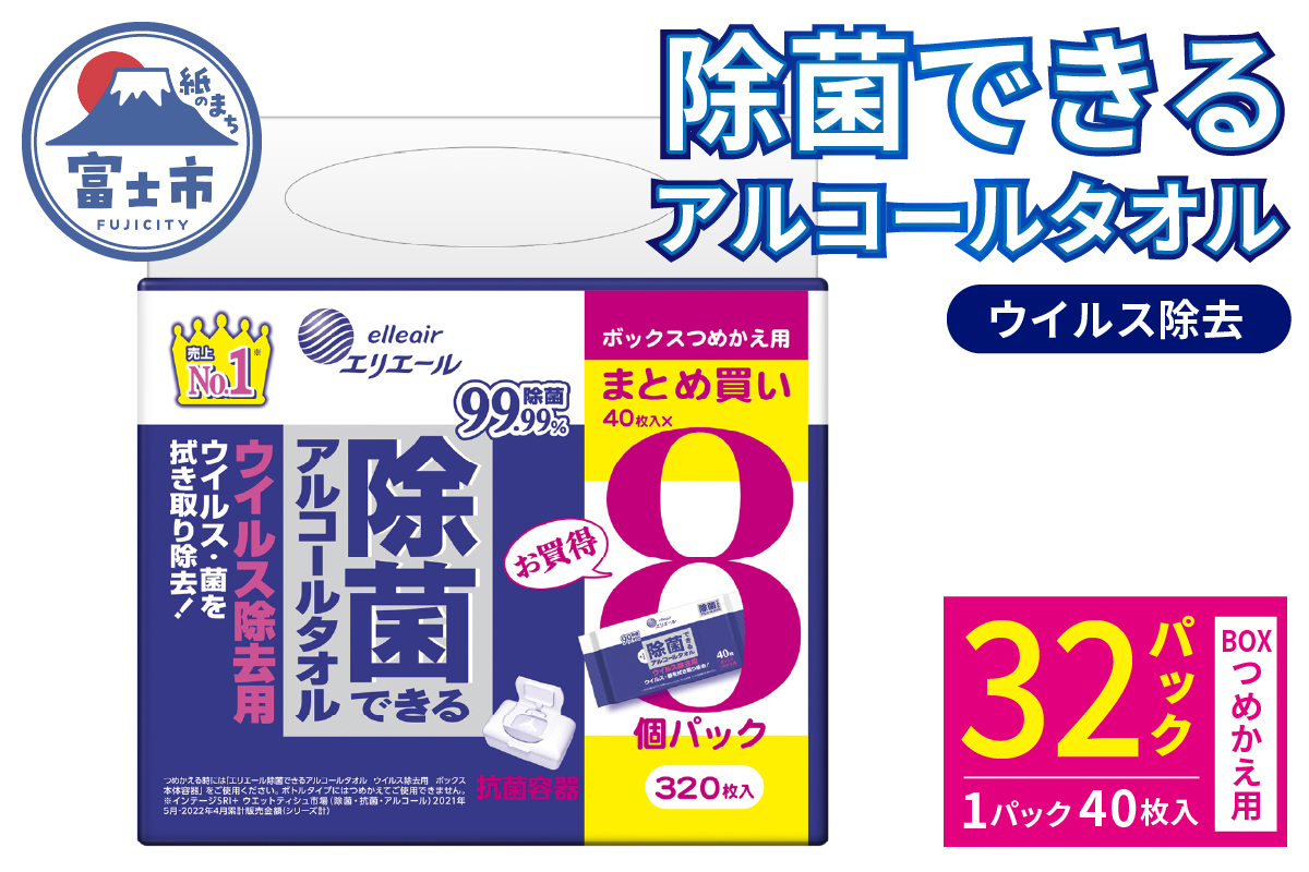 エリエール 除菌できるアルコールタオル ウイルス除去用 ボックスつめかえ用40枚×8P [sf006-009]