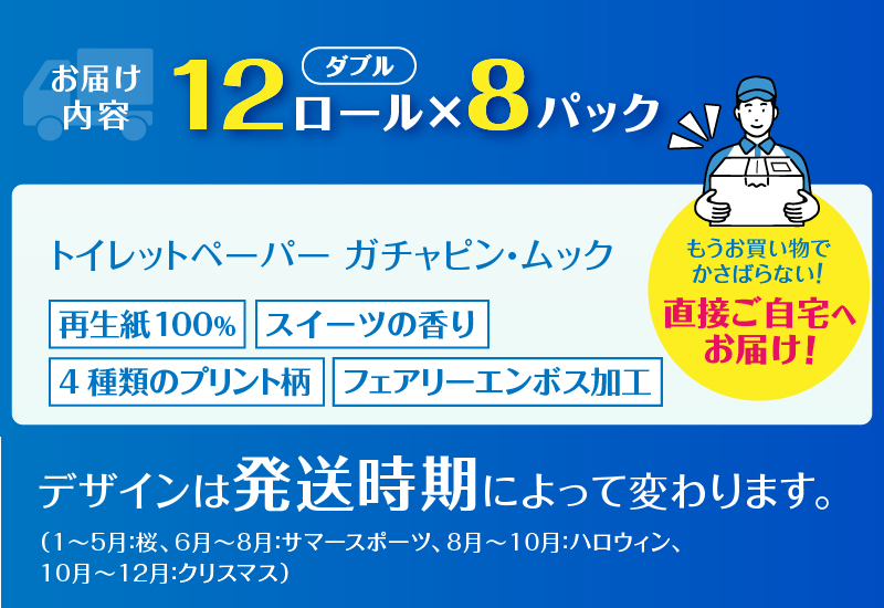 ガチャピン・ムック トイレットペーパー 12Ｒ ダブル 96個　再生紙　季節限定デザイン(1512)