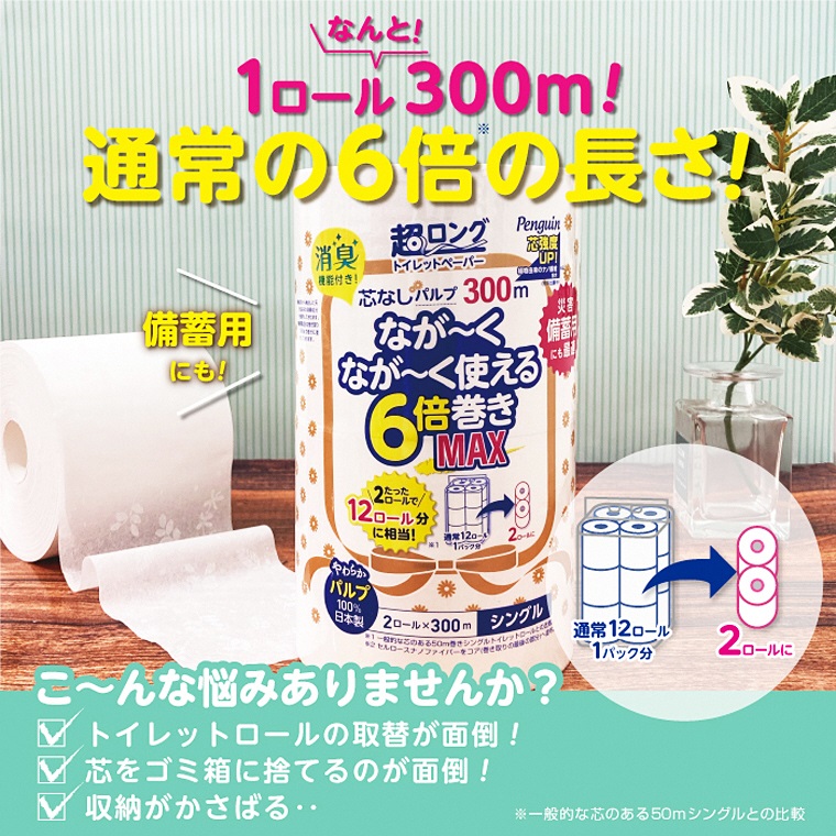 ペンギン芯なし超ロングパルプ300ｍシングル6倍超長巻きトイレットペーパー2R×8パック（a1869）