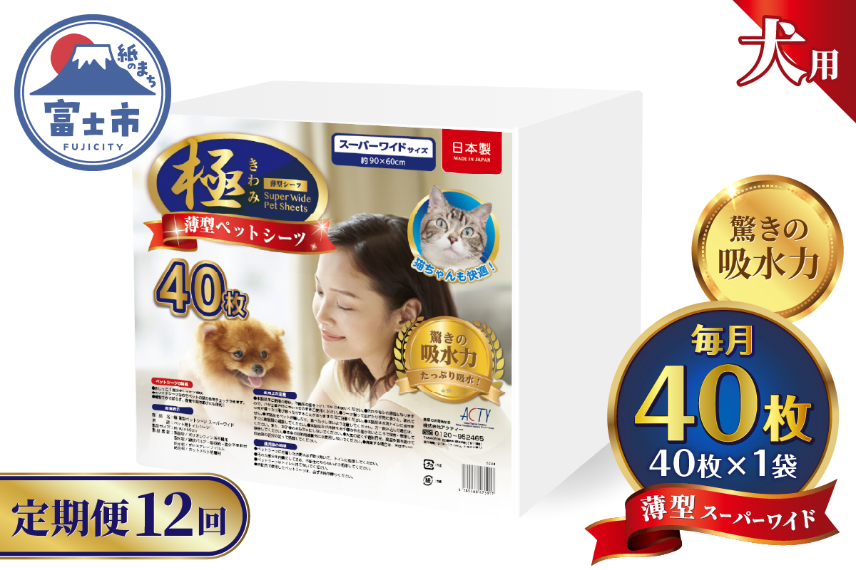 定期便【全12回】【極】シリーズ　犬用ペットシーツ　薄型スーパーワイド　40枚　ペットシート　日本製 [sf077-141]