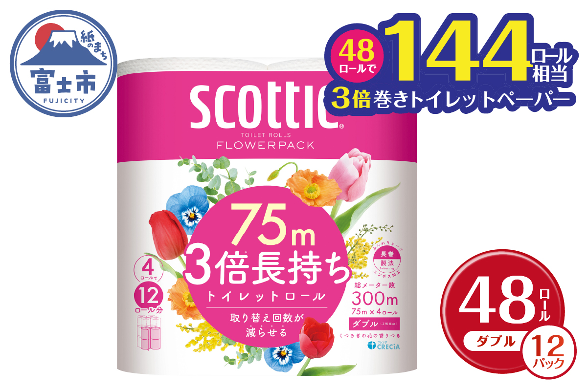 スコッティ フラワーパック　３倍長持ち４ロール×１２パック【入金確認後から60日程度で発送】(a1454)