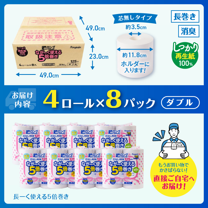 ペンギン芯なし超ロング再生紙125ｍ4Ｒダブル5倍長巻きトイレットペーパー エコ 長持ち [sf002-148]