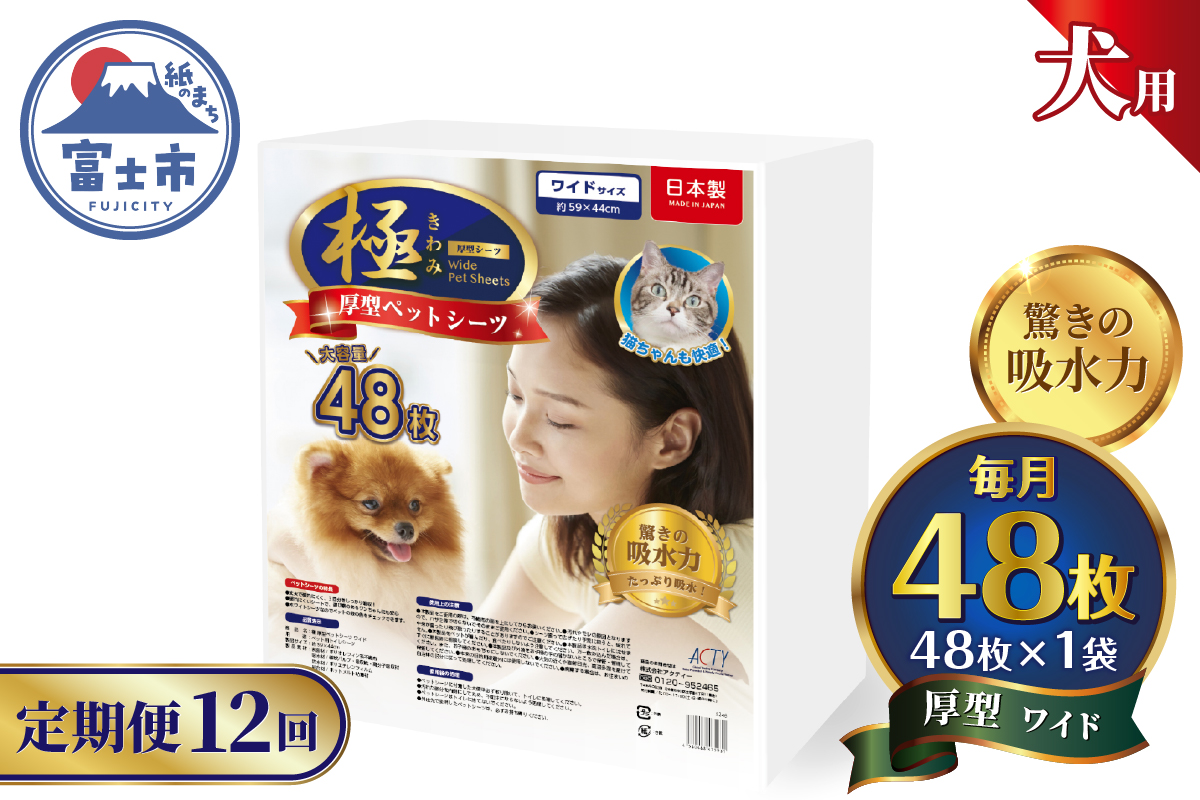 定期便【全12回】【極】シリーズ　犬用ペットシーツ　厚型ワイド　48枚　ペットシート　日本製 [sf077-145]