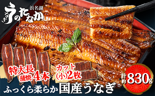 浜名湖・うなぎのたなかのふっくら柔らか国産うなぎ!長蒲焼4本、カット(小)2枚※合計830g程度【配送不可地域：離島】【1417596】